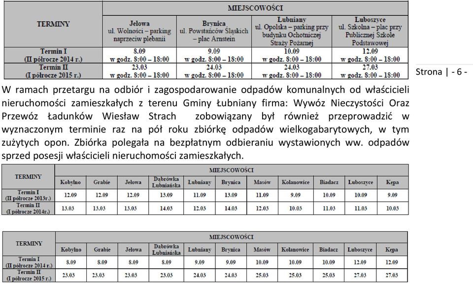 przeprowadzić w wyznaczonym terminie raz na pół roku zbiórkę odpadów wielkogabarytowych, w tym zużytych opon.