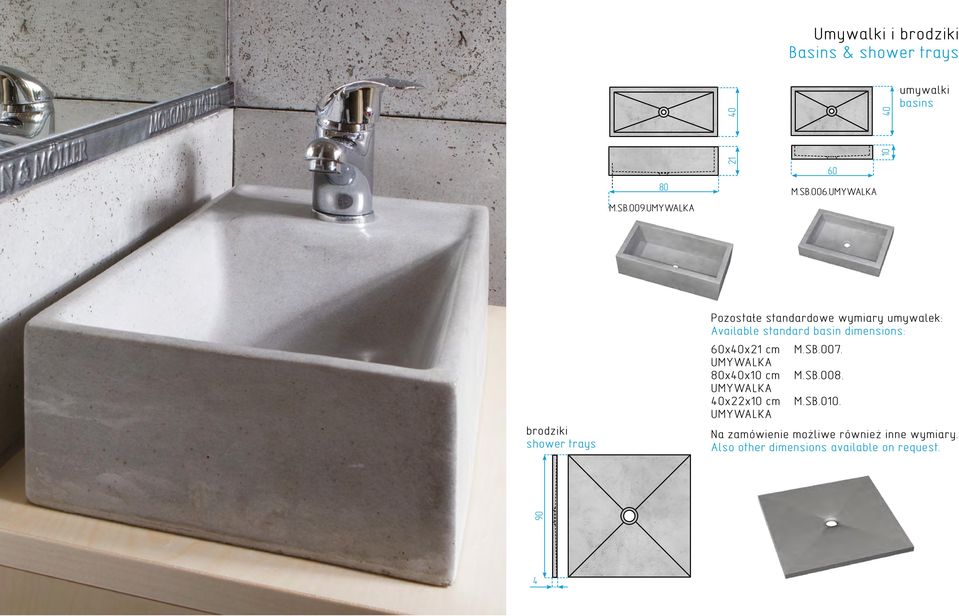 UMYWALKA brodziki shower trays Pozostałe standardowe wymiary umywalek: Available standard basin