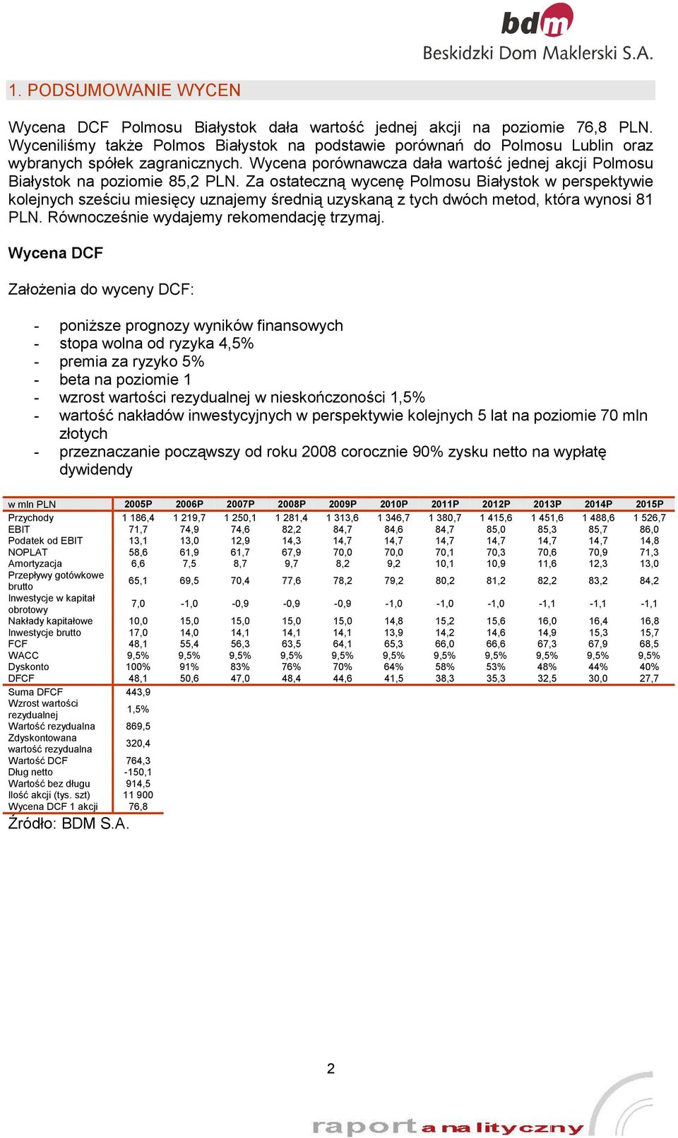 Za ostateczną wycenę Polmosu Białystok w perspektywie kolejnych sześciu miesięcy uznajemy średnią uzyskaną z tych dwóch metod, która wynosi 81 PLN. Równocześnie wydajemy rekomendację trzymaj.