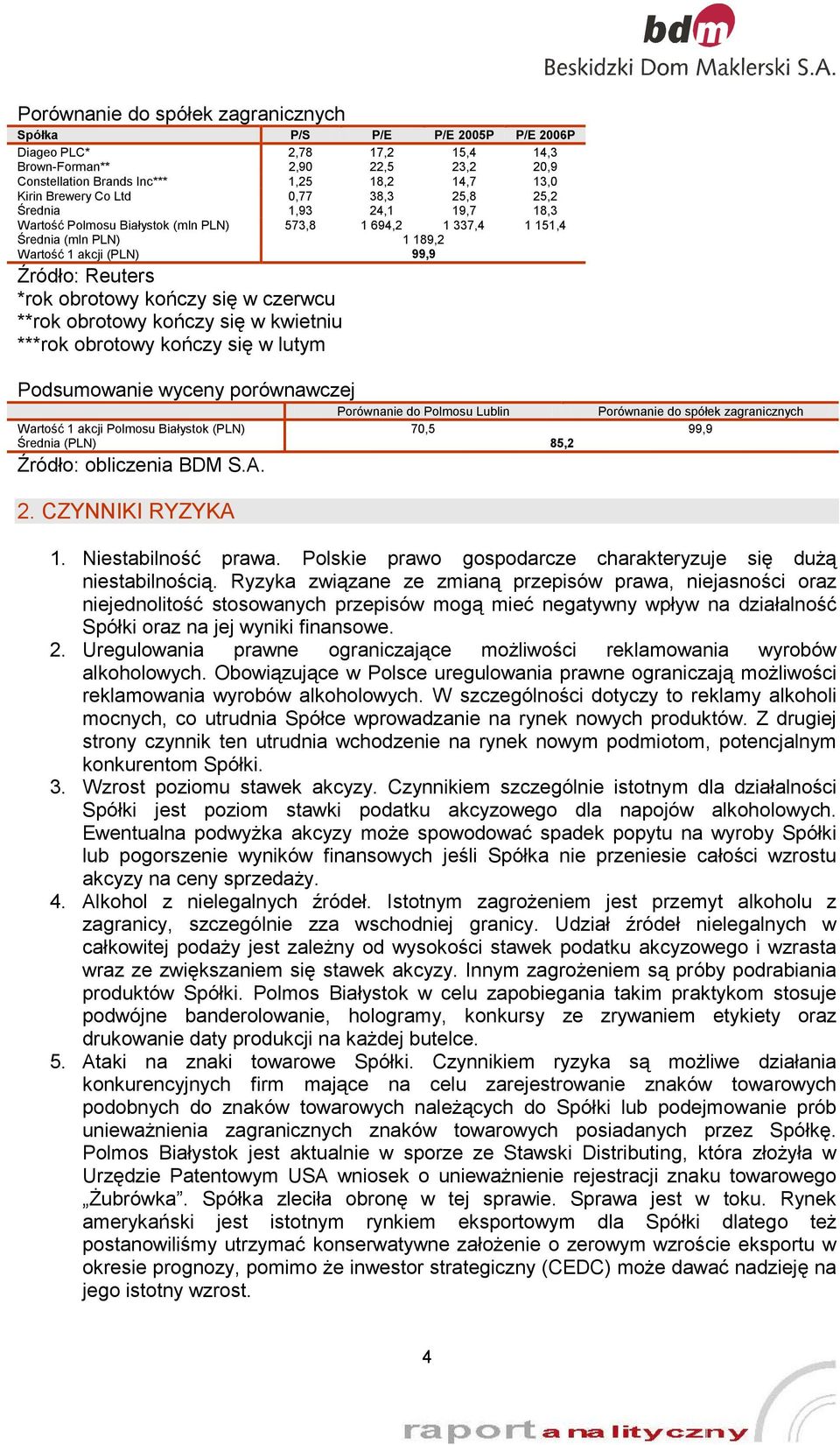 obrotowy kończy się w czerwcu **rok obrotowy kończy się w kwietniu ***rok obrotowy kończy się w lutym Podsumowanie wyceny porównawczej Porównanie do Polmosu Lublin Porównanie do spółek zagranicznych