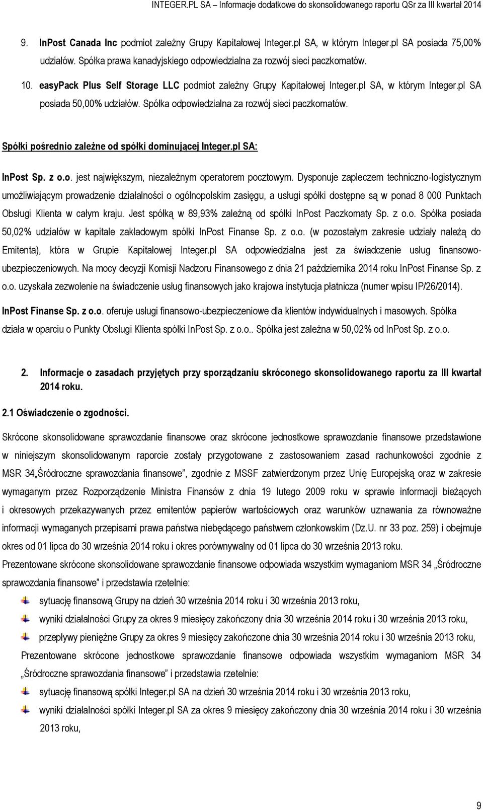 Spółki pośrednio zależne od spółki dominującej Integer.pl SA: InPost Sp. z o.o. jest największym, niezależnym operatorem pocztowym.