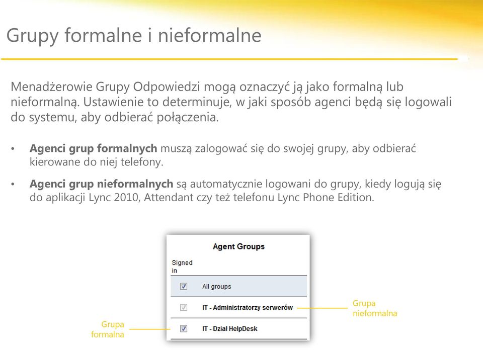 Agenci grup formalnych muszą zalogować się do swojej grupy, aby odbierać kierowane do niej telefony.