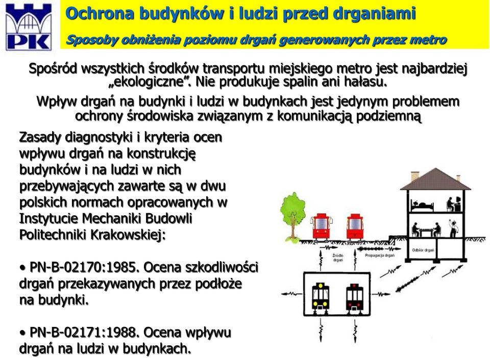 Wpływ drgań na budynki i ludzi w budynkach jest jedynym problemem ochrony środowiska związanym z komunikacją podziemną Zasady diagnostyki i kryteria ocen wpływu drgań na