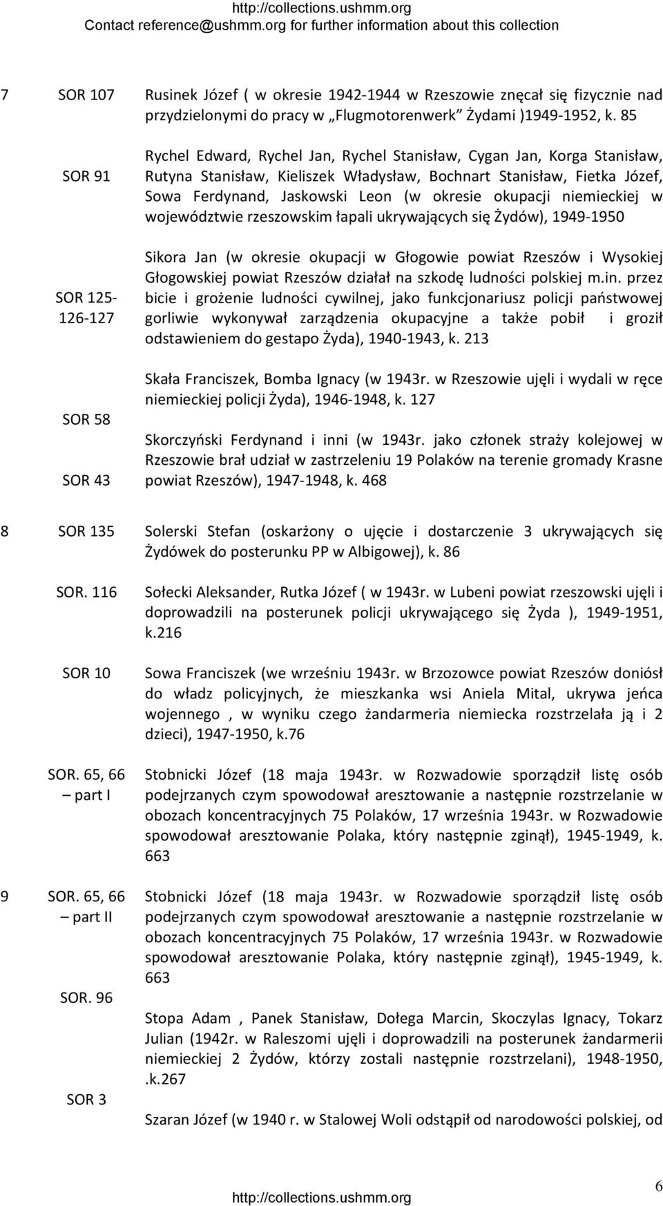 niemieckiej w województwie rzeszowskim łapali ukrywających się Żydów), 1949 1950 Sikora Jan (w okresie okupacji w Głogowie powiat Rzeszów i Wysokiej Głogowskiej powiat Rzeszów działał na szkodę