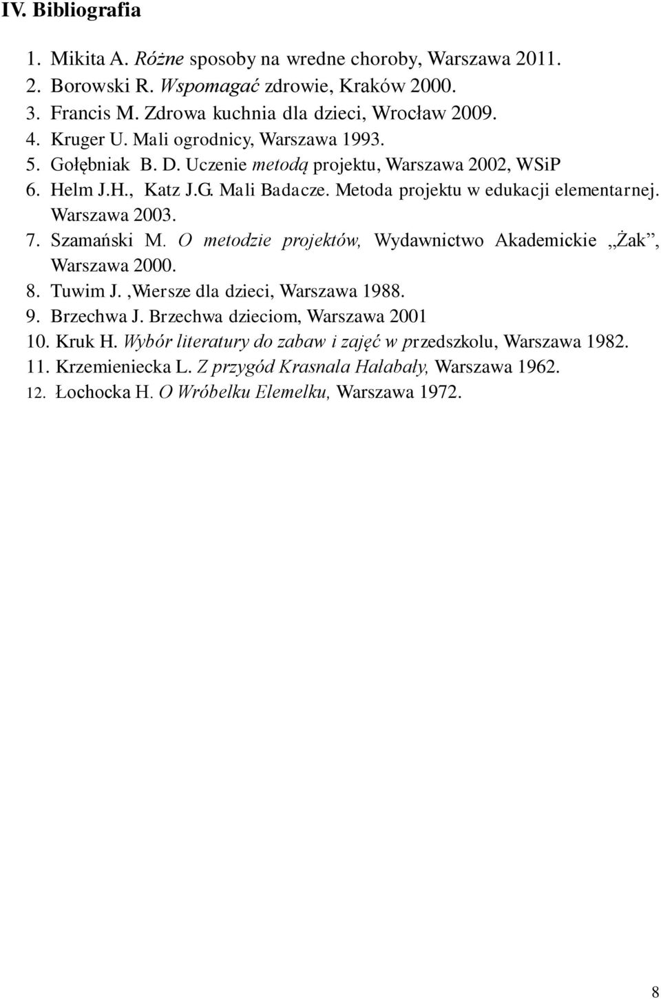 Warszawa 2003. 7. Szamański M. O metodzie projektów, Wydawnictwo Akademickie Żak, Warszawa 2000. 8. Tuwim J.,Wiersze dla dzieci, Warszawa 1988. 9. Brzechwa J.