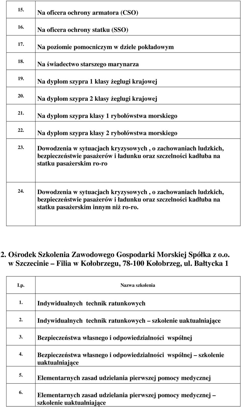 szypra 2 klasy żeglugi krajowej Na dyplom szypra klasy 1 rybołówstwa morskiego Na dyplom szypra klasy 2 rybołówstwa morskiego 23.