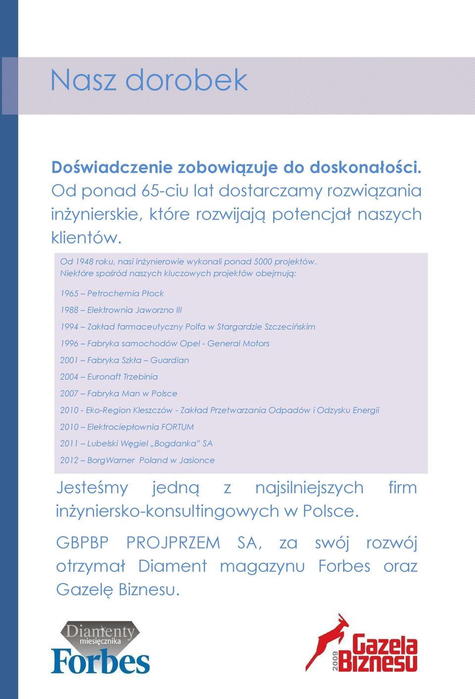 Niektóre spośród naszych kluczowych projektów obejmują: 1965 Petrochemia Płock 1988 Elektrownia Jaworzno III 1994 Zakład farmaceutyczny Polfa w Stargardzie Szczecińskim 1996 Fabryka samochodów Opel -