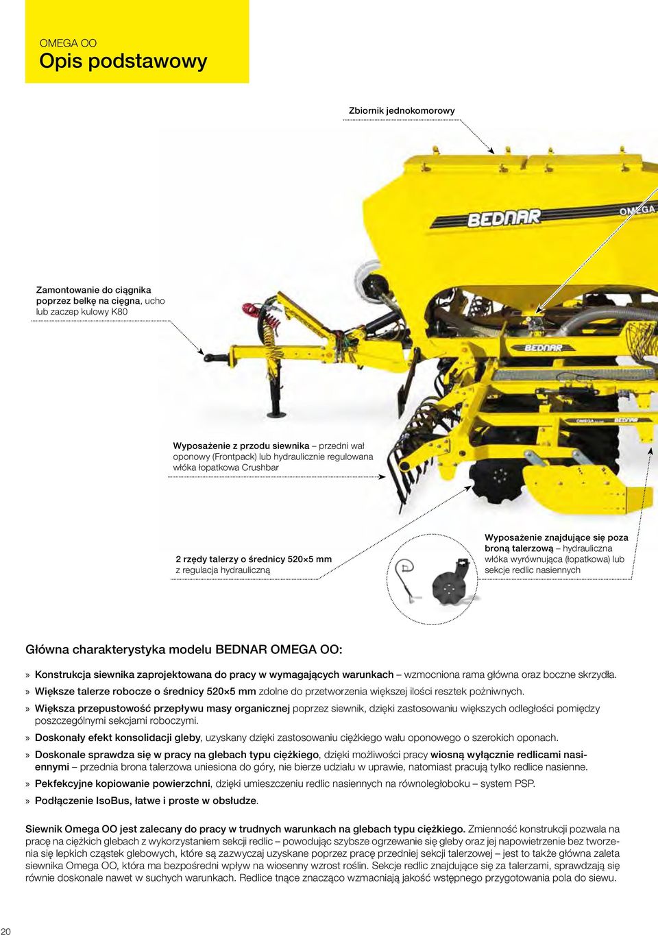 (łopatkowa) lub sekcje redlic nasiennych Główna charakterystyka modelu BEDNAR OMEGA OO: Konstrukcja siewnika zaprojektowana do pracy w wymagających warunkach wzmocniona rama główna oraz boczne