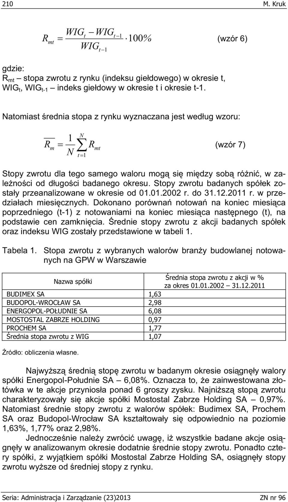 Stopy zwrotu badanych spóek zostay przeanalzowane w okrese od 01.01.00 r. do 31.1.011 r. w przedzaach mescznych.