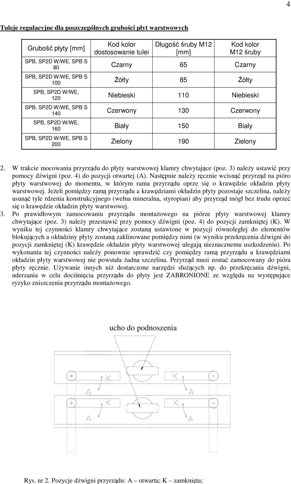 W trakcie mocowania przyrządu do płyty warstwowej klamry chwytające (poz. 3) należy ustawić przy pomocy dźwigni (poz. 4) do pozycji otwartej (A).