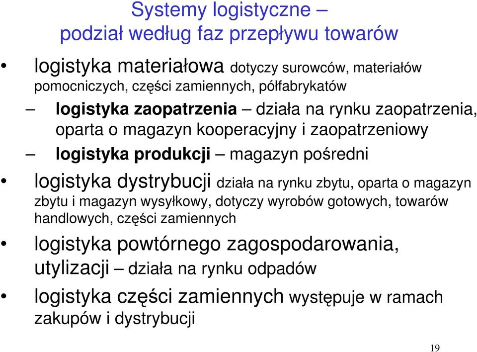 pośredni logistyka dystrybucji działa na rynku zbytu, oparta o magazyn zbytu i magazyn wysyłkowy, dotyczy wyrobów gotowych, towarów handlowych,