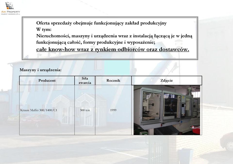 produkcyjne i wyposażenie; całe know-how wraz z rynkiem odbiorców oraz dostawców.