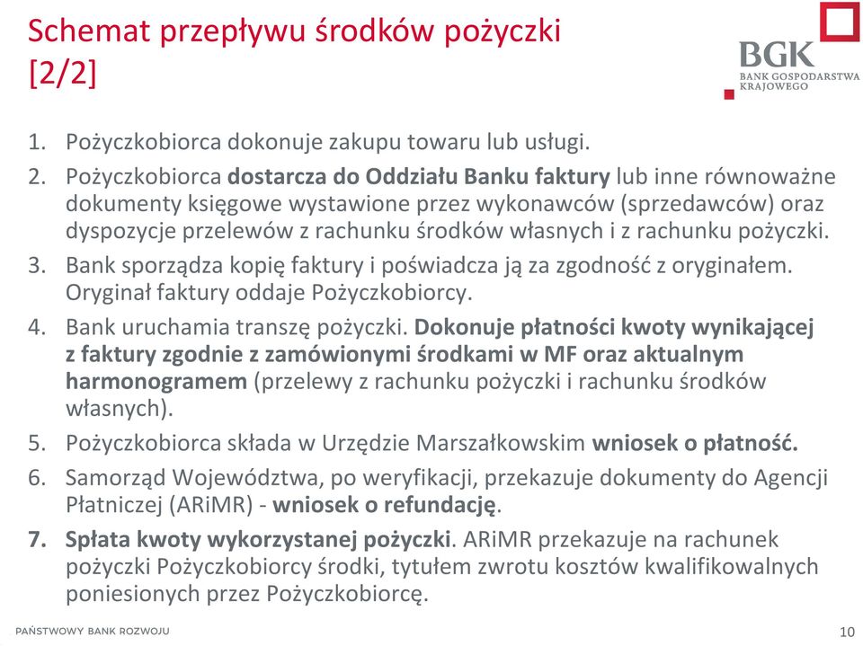 pożyczki. 3. Bank sporządza kopię faktury i poświadcza ją za zgodność z oryginałem. Oryginał faktury oddaje Pożyczkobiorcy. 4. Bank uruchamia transzę pożyczki.