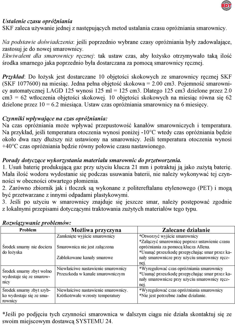 Ekwiwalent dla smarownicy ręcznej: tak ustaw czas, aby łożysko otrzymywało taką ilość środka smarnego jaka poprzednio była dostarczana za pomocą smarownicy ręcznej.