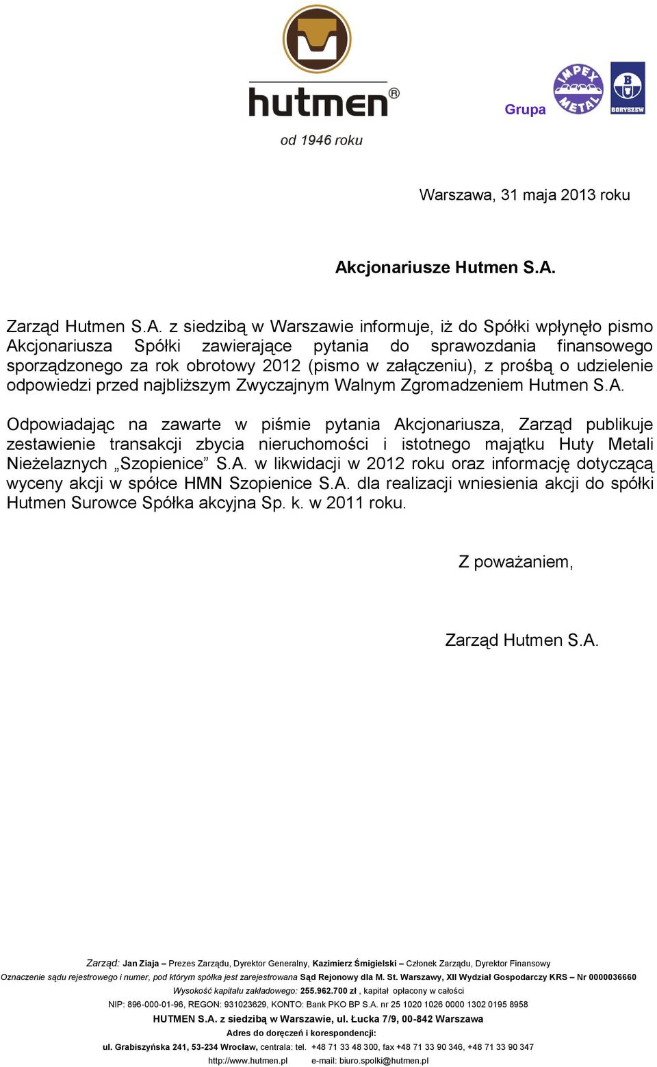 Zarząd Hutmen S.A.