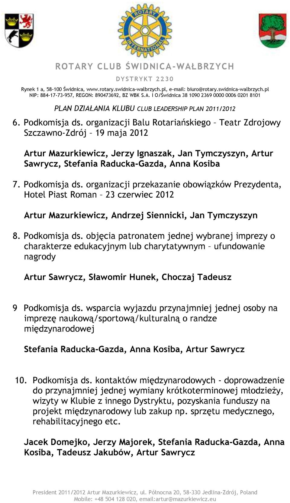 objęcia patronatem jednej wybranej imprezy o charakterze edukacyjnym lub charytatywnym ufundowanie nagrody Artur Sawrycz, Sławomir Hunek, Choczaj Tadeusz 9 Podkomisja ds.