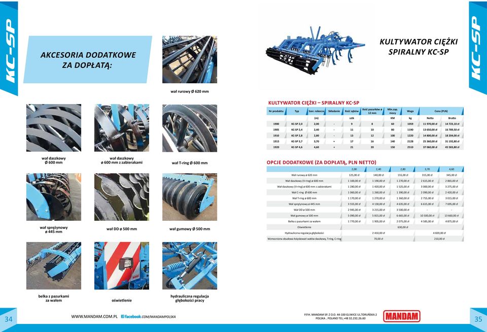 mocy Waga Cena (PLN) (m) sztk KM kg Netto Brutto 1900 KC-SP 2,0 2,00-9 8 60 1059 11 970,00 zł 14 723,10 zł 1905 KC-SP 2,4 2,40-11 10 80 1190 13 650,00 zł 16 789,50 zł 1910 KC-SP 2,8 2,80-13 12 100
