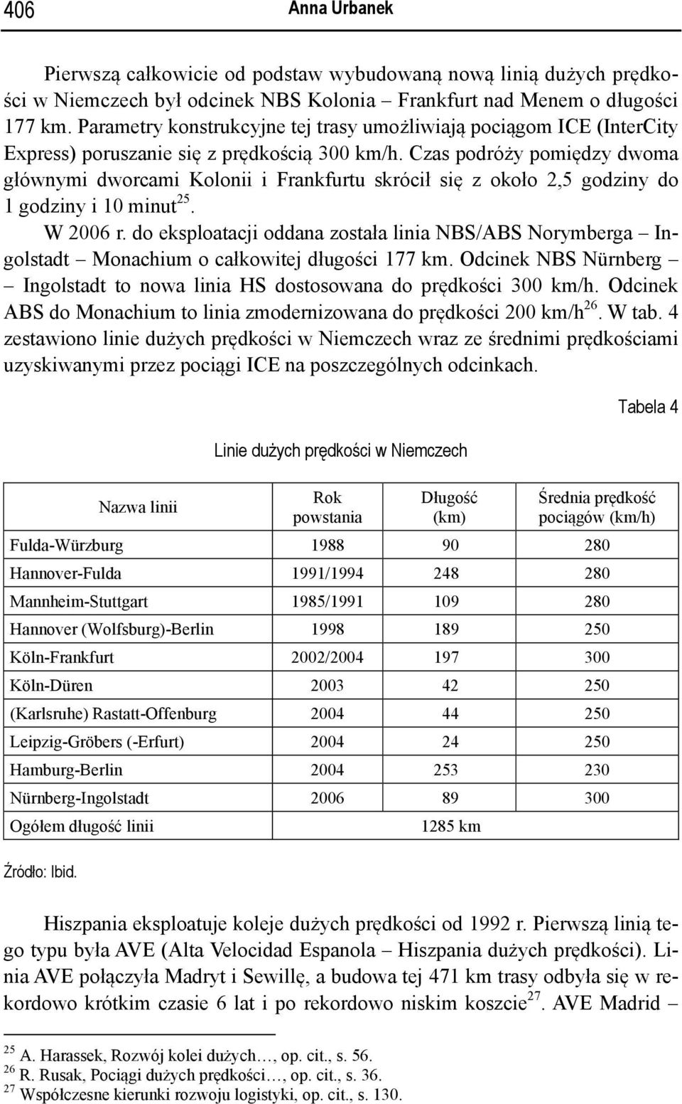 Czas podróży pomiędzy dwoma głównymi dworcami Kolonii i Frankfurtu skrócił się z około 2,5 godziny do 1 godziny i 10 minut 25. W 2006 r.