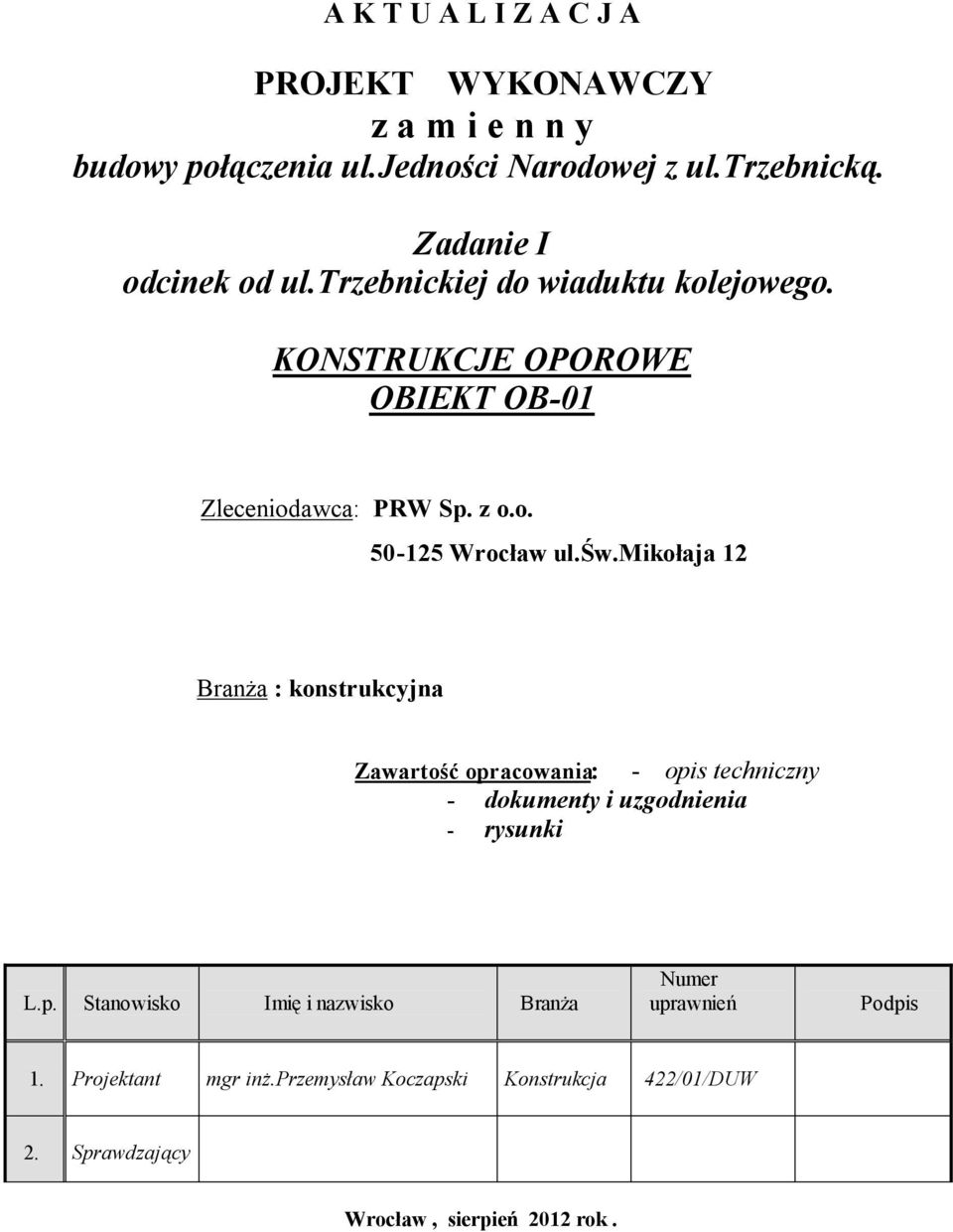 św.mikołaja 12 Branża : konstrukcyjna Zawartość opracowania: - opis techniczny - dokumenty i uzgodnienia - rysunki L.p. Stanowisko Imię i nazwisko Branża Numer uprawnień Podpis 1.