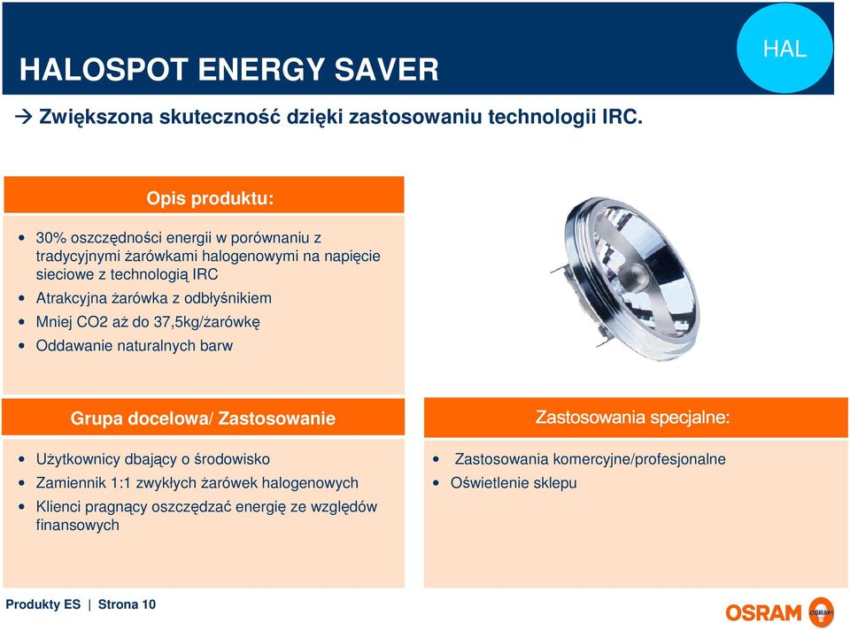 Ŝarówka z odbłyśnikiem Mniej CO2 aŝ do 37,5kg/Ŝarówkę Oddawanie naturalnych barw Grupa docelowa/ Zastosowanie UŜytkownicy dbający o środowisko