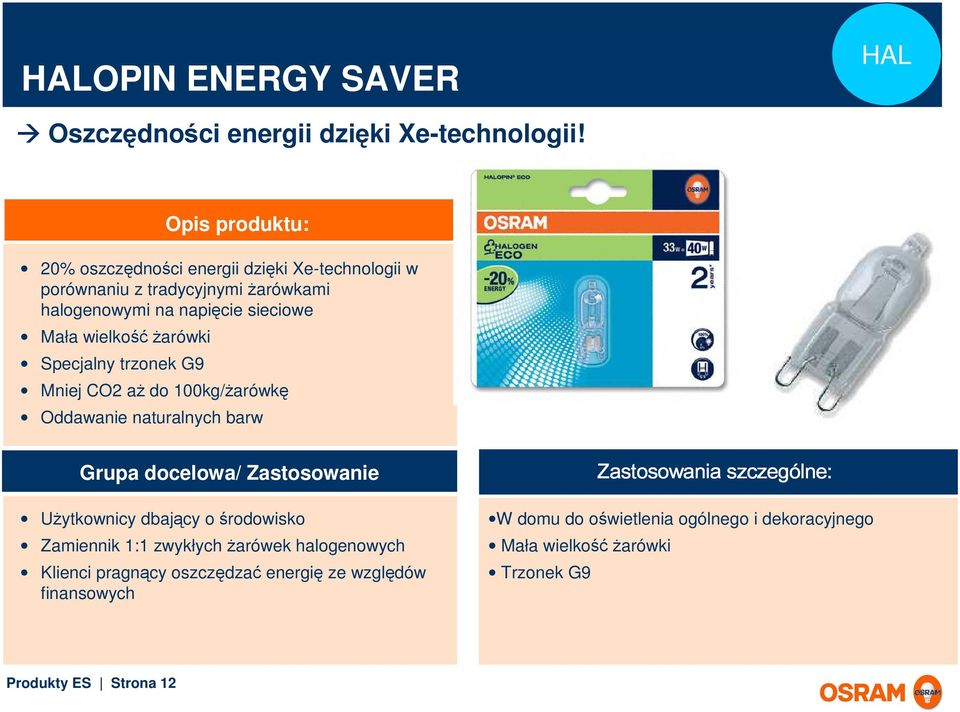 Ŝarówki Specjalny trzonek G9 Mniej CO2 aŝ do 100kg/Ŝarówkę Oddawanie naturalnych barw Grupa docelowa/ Zastosowanie UŜytkownicy dbający o środowisko