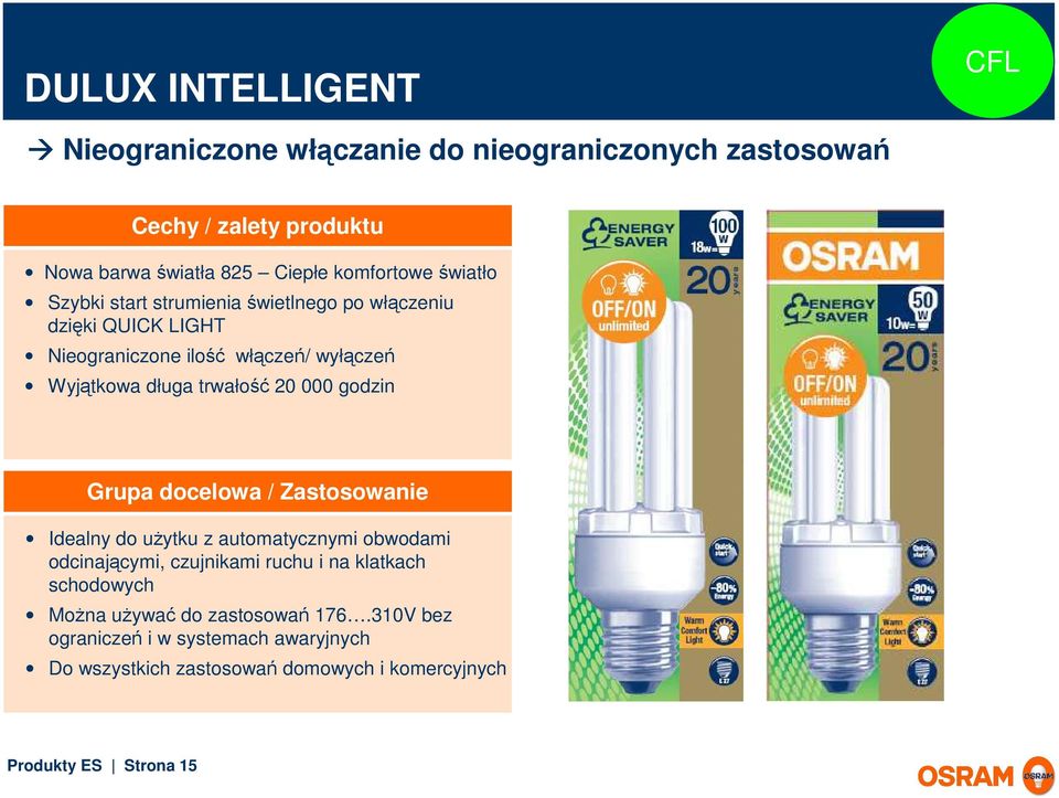 000 godzin Grupa docelowa / Zastosowanie Idealny do uŝytku z automatycznymi obwodami odcinającymi, czujnikami ruchu i na klatkach schodowych