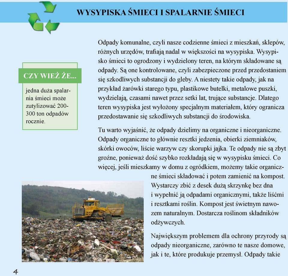 Wysypisko śmieci to ogrodzony i wydzielony teren, na którym składowane są odpady. Są one kontrolowane, czyli zabezpieczone przed przedostaniem się szkodliwych substancji do gleby.