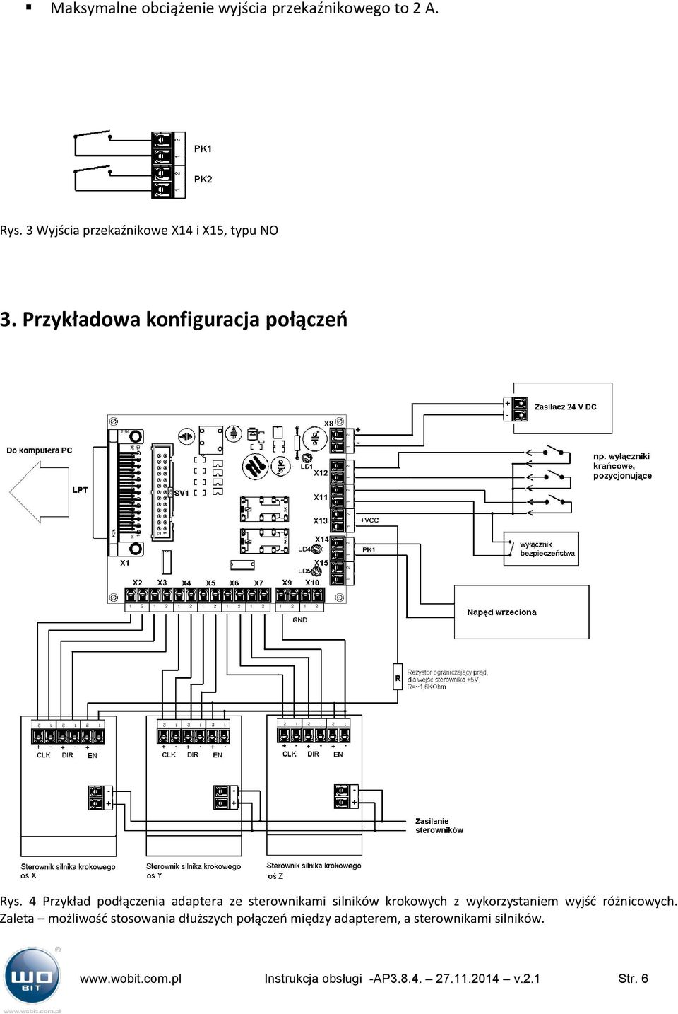 4 Przykład podłączenia adaptera ze sterownikami silników krokowych z wykorzystaniem wyjść różnicowych.