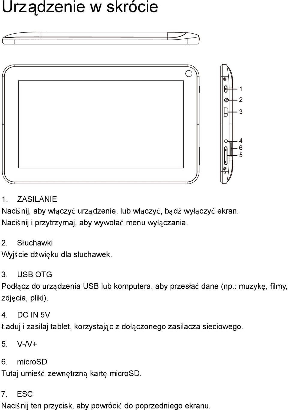 USB OTG Podłącz do urządzenia USB lub komputera, aby przesłać dane (np.: muzykę, filmy, zdjęcia, pliki). 4.