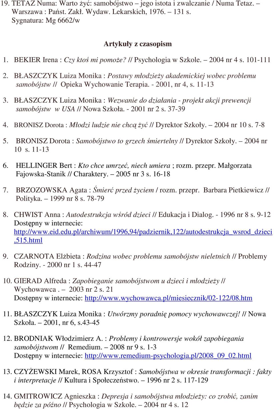 - 2001, nr 4, s. 11-13 3. BŁASZCZYK Luiza Monika : Wezwanie do działania - projekt akcji prewencji samobójstw w USA // Nowa Szkoła. - 2001 nr 2 s. 37-39 4.