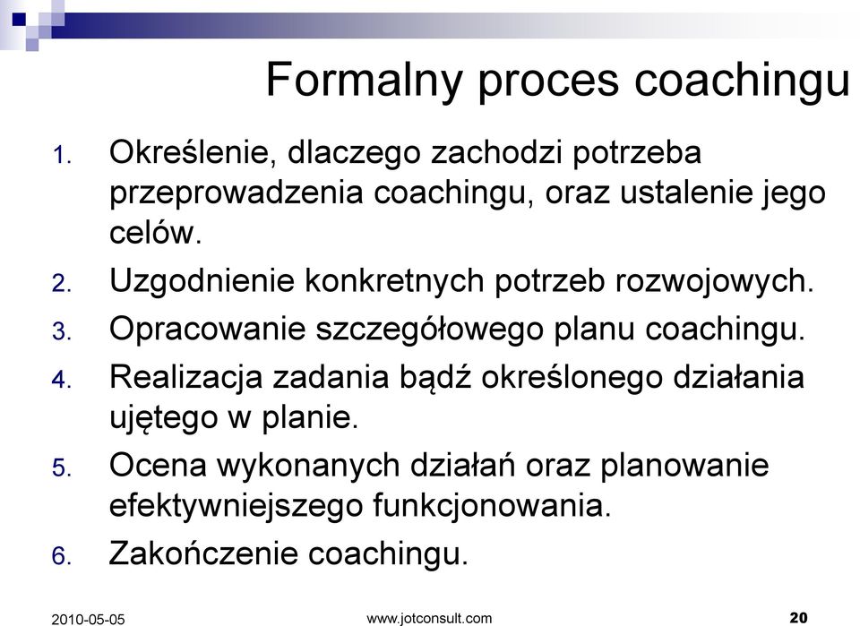 Uzgodnienie konkretnych potrzeb rozwojowych. 3. Opracowanie szczegółowego planu coachingu. 4.
