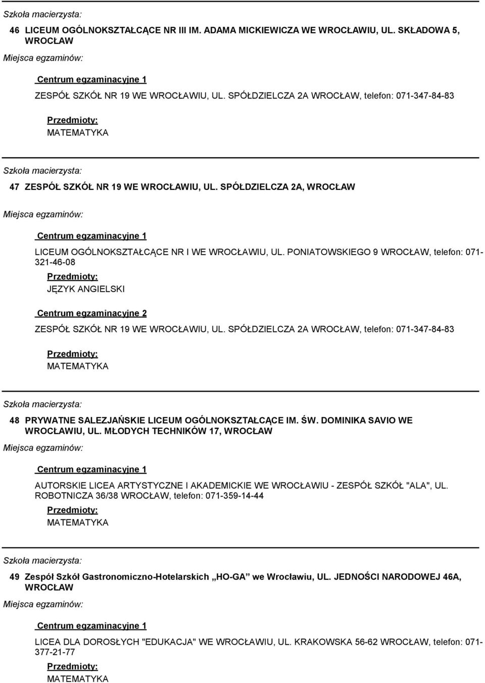 SPÓŁDZIELCZA 2A, WROCŁAW 48 PRYWATNE SALEZJAŃSKIE LICEUM OGÓLNOKSZTAŁCĄCE IM. ŚW. DOMINIKA SAVIO WE WROCŁAWIU, UL.