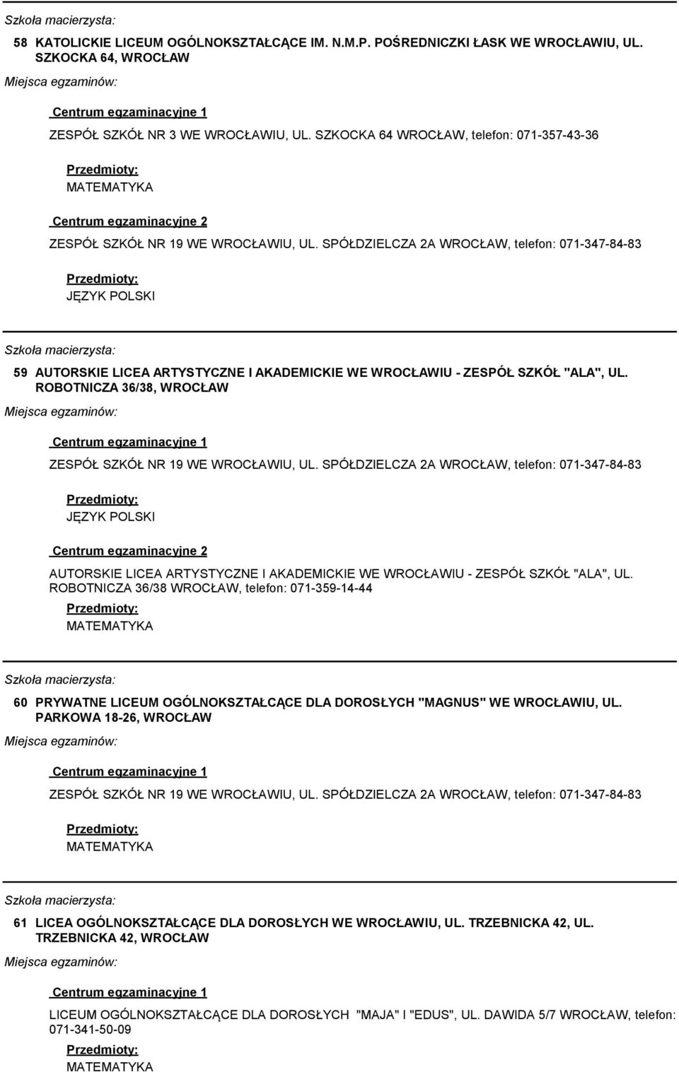 ROBOTNICZA 36/38, WROCŁAW AUTORSKIE LICEA ARTYSTYCZNE I AKADEMICKIE WE WROCŁAWIU - ZESPÓŁ SZKÓŁ "ALA", UL.