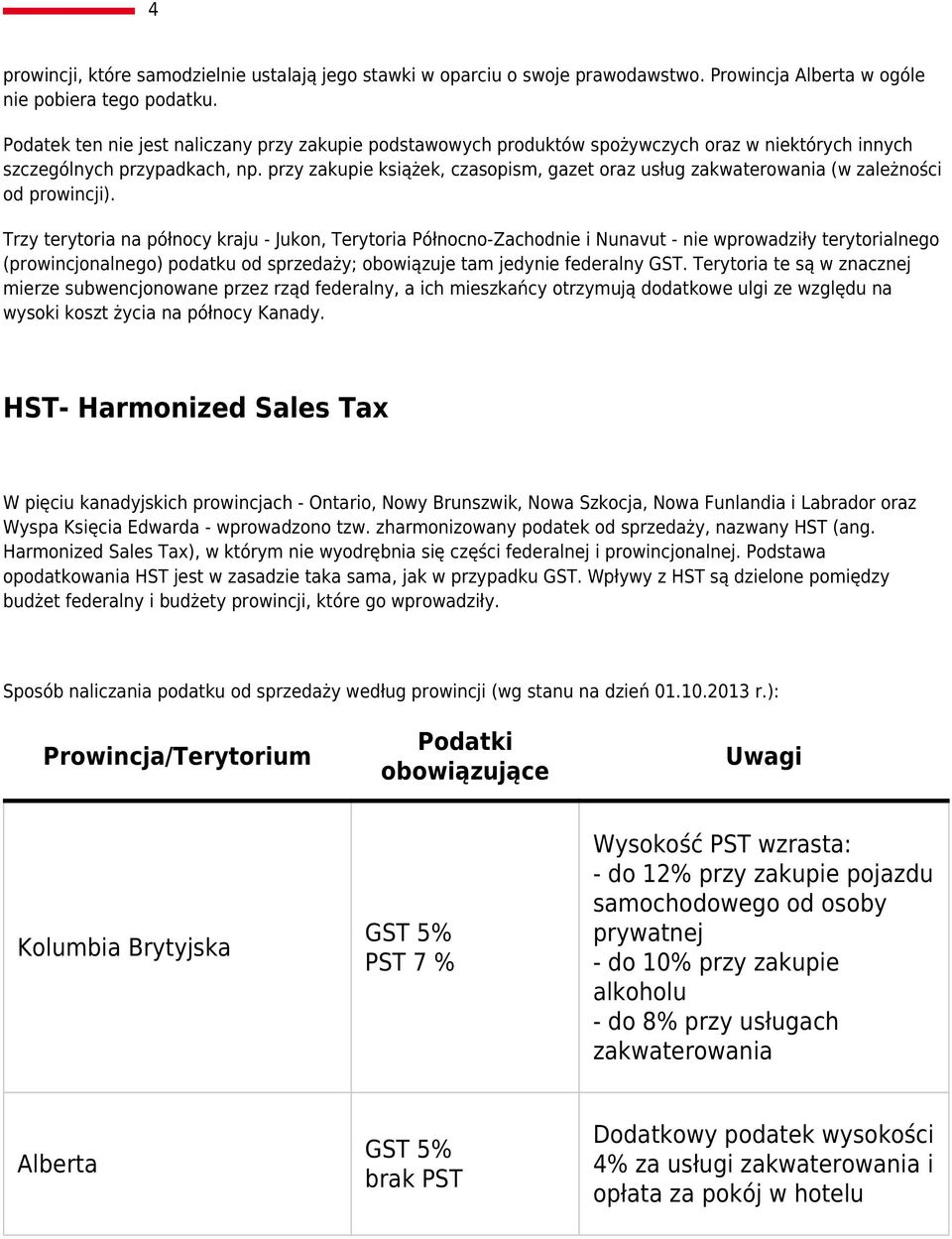 przy zakupie książek, czasopism, gazet oraz usług zakwaterowania (w zależności od prowincji).