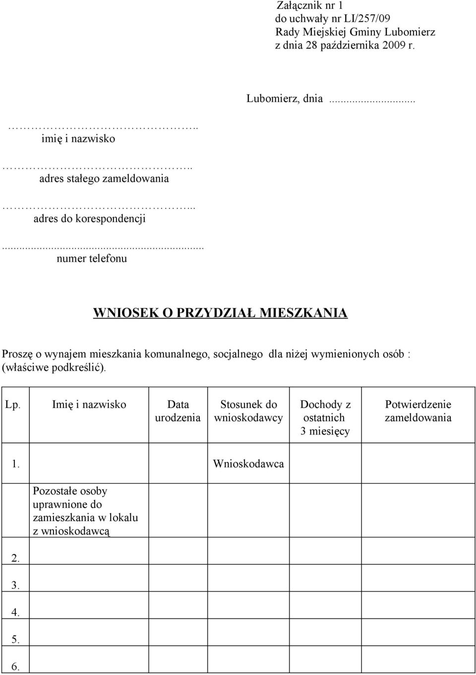 .. numer telefonu WNIOSEK O PRZYDZIAŁ MIESZKANIA Proszę o wynajem mieszkania komunalnego, socjalnego dla niżej wymienionych osób