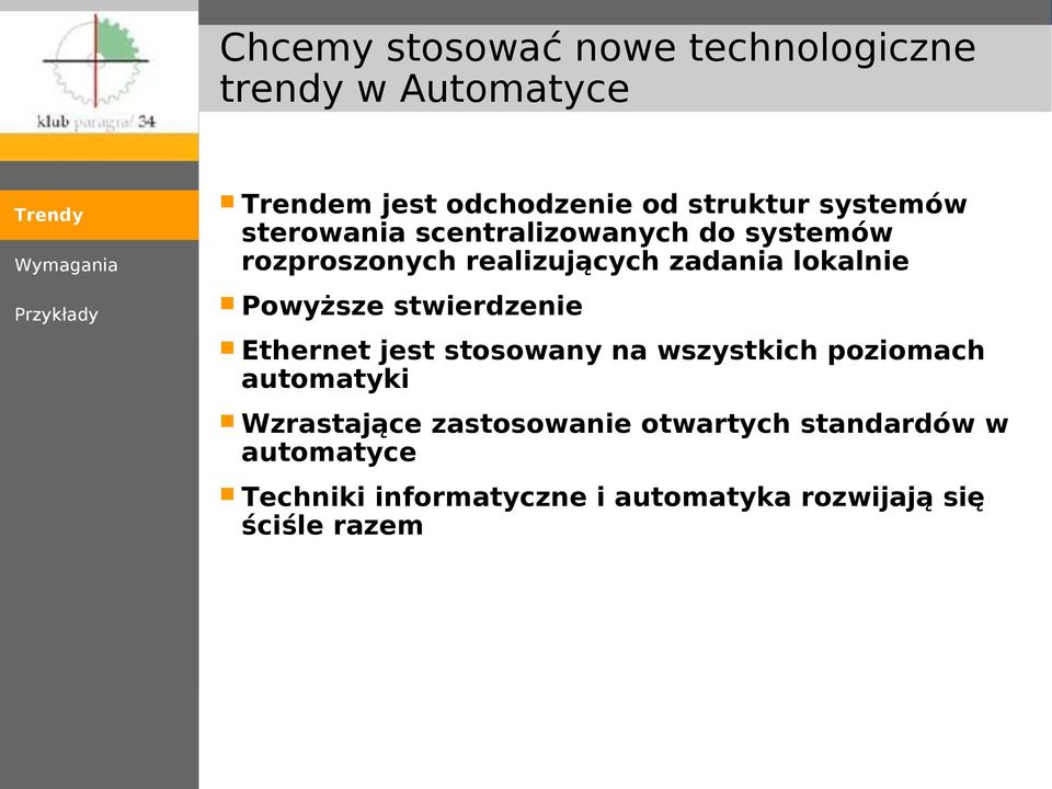 lokalnie Powyższe stwierdzenie Ethernet jest stosowany na wszystkich poziomach automatyki Wzrastające