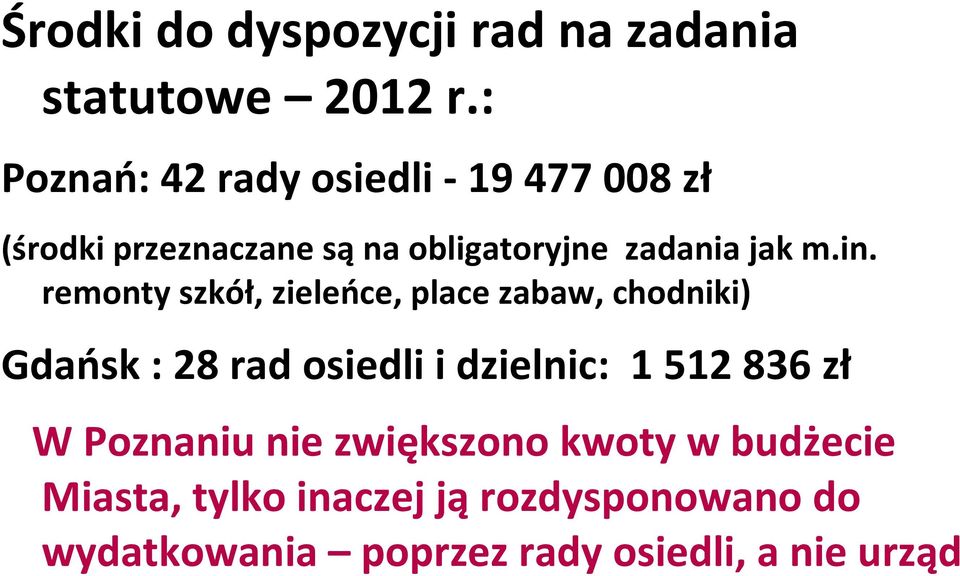 m.in. remonty szkół, zieleńce, place zabaw, chodniki) Gdańsk : 28 rad osiedli i dzielnic: 1 512