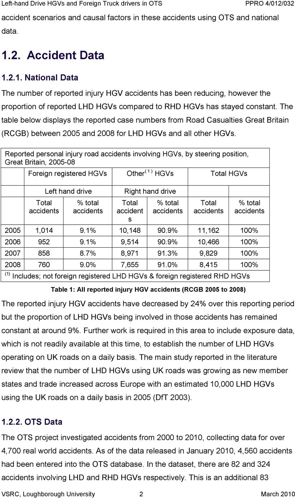 The table below displays the reported case numbers from Road Casualties Great Britain (RCGB) between 2005 and 2008 for LHD HGVs and all other HGVs.