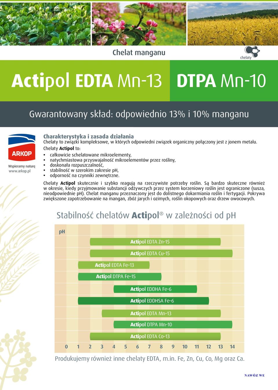 Chelaty Actipol to: całkowicie schelatowane mikroelementy, natychmiastowa przyswajalność mikroelementów przez rośliny, doskonała rozpuszczalność, stabilność w szerokim zakresie ph, odporność na