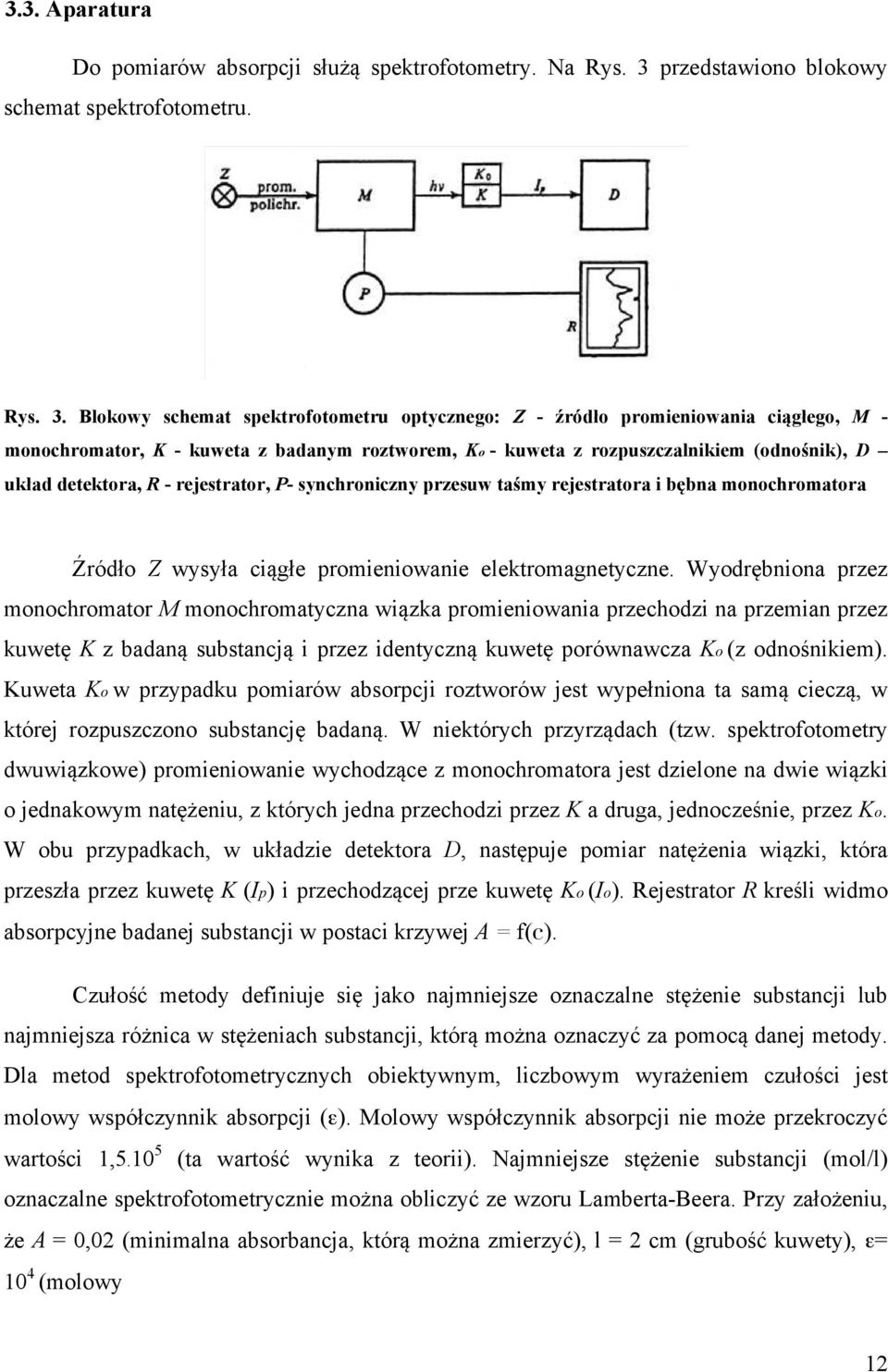 Blokowy schemat spektrofotometru optycznego: Z - źródło promieniowania ciągłego, M - monochromator, K - kuweta z badanym roztworem, Ko - kuweta z rozpuszczalnikiem (odnośnik), D układ detektora, R -