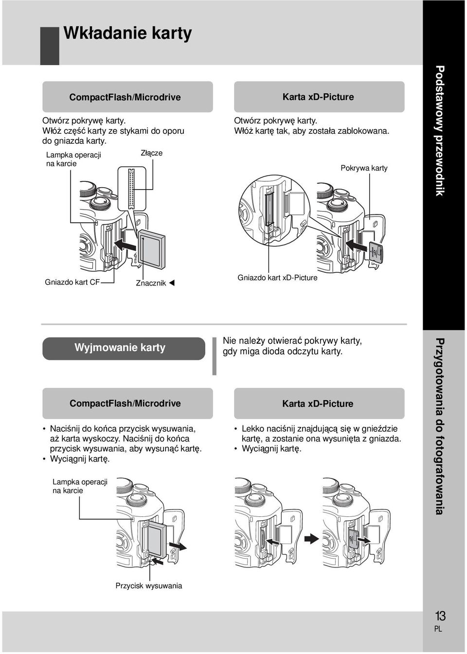 Pokrywa karty Podstawowy przewodnik Gniazdo kart CF Znacznik Gniazdo kart xd-picture Wyjmowanie karty CompactFlash/Microdrive Naciśnij do końca przycisk wysuwania, aż karta wyskoczy.