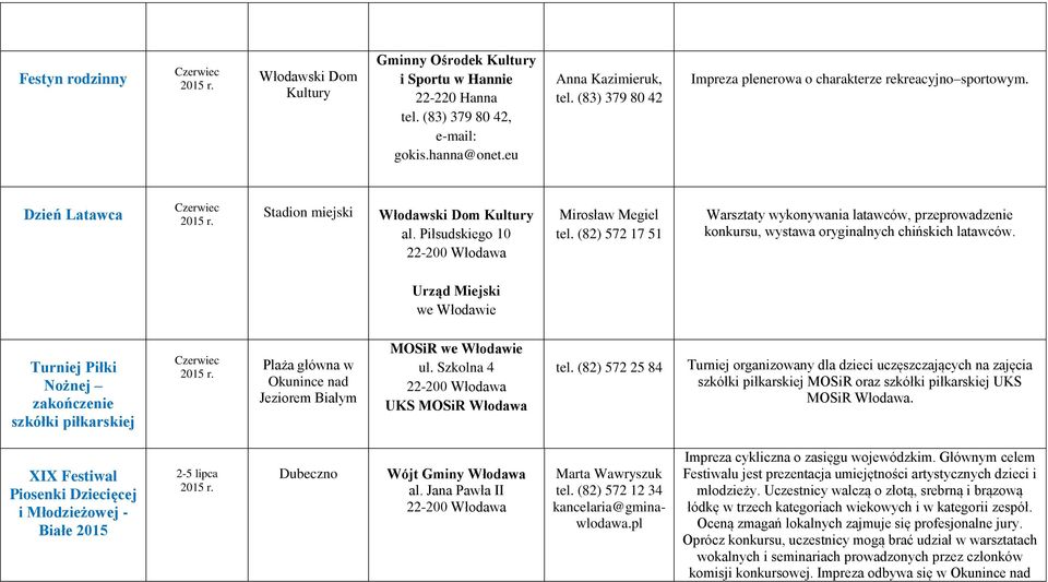 (82) 572 17 51 Warsztaty wykonywania latawców, przeprowadzenie konkursu, wystawa oryginalnych chińskich latawców.