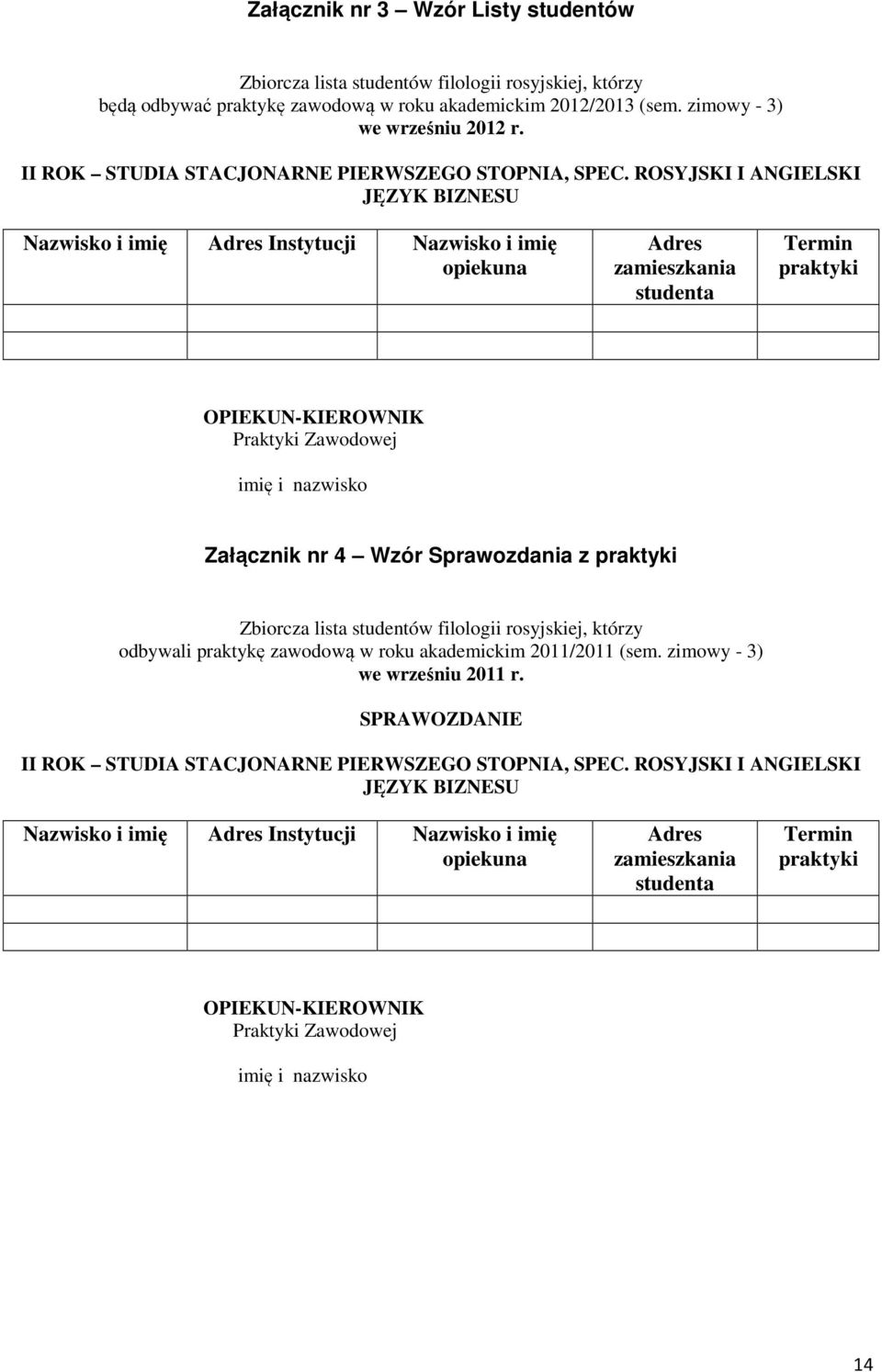 ROSYJSKI I ANGIELSKI JĘZYK BIZNESU Nazwisko i imię Adres Instytucji Nazwisko i imię opiekuna Adres zamieszkania studenta Termin praktyki OPIEKUN-KIEROWNIK Praktyki Zawodowej imię i nazwisko Załącznik