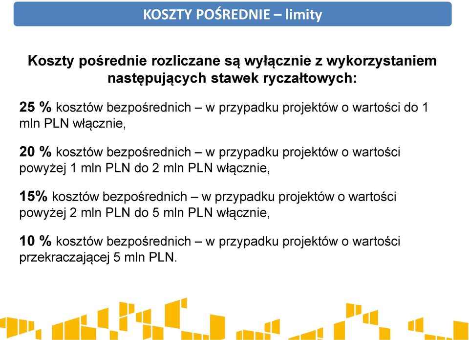 projektów o wartości powyżej 1 mln PLN do 2 mln PLN włącznie, 15% kosztów bezpośrednich w przypadku projektów o wartości