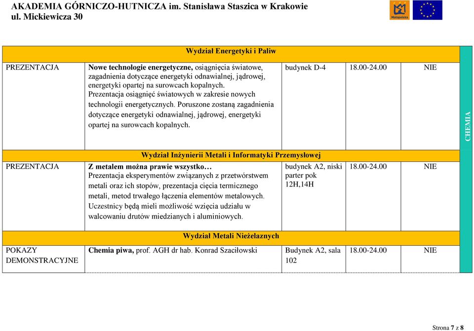 budynek D-4 CHEMIA CHEMIA PREZENTACJA Wydział Inżynierii Metali i Informatyki Przemysłowej Z metalem można prawie wszystko Prezentacja eksperymentów związanych z przetwórstwem metali oraz ich stopów,