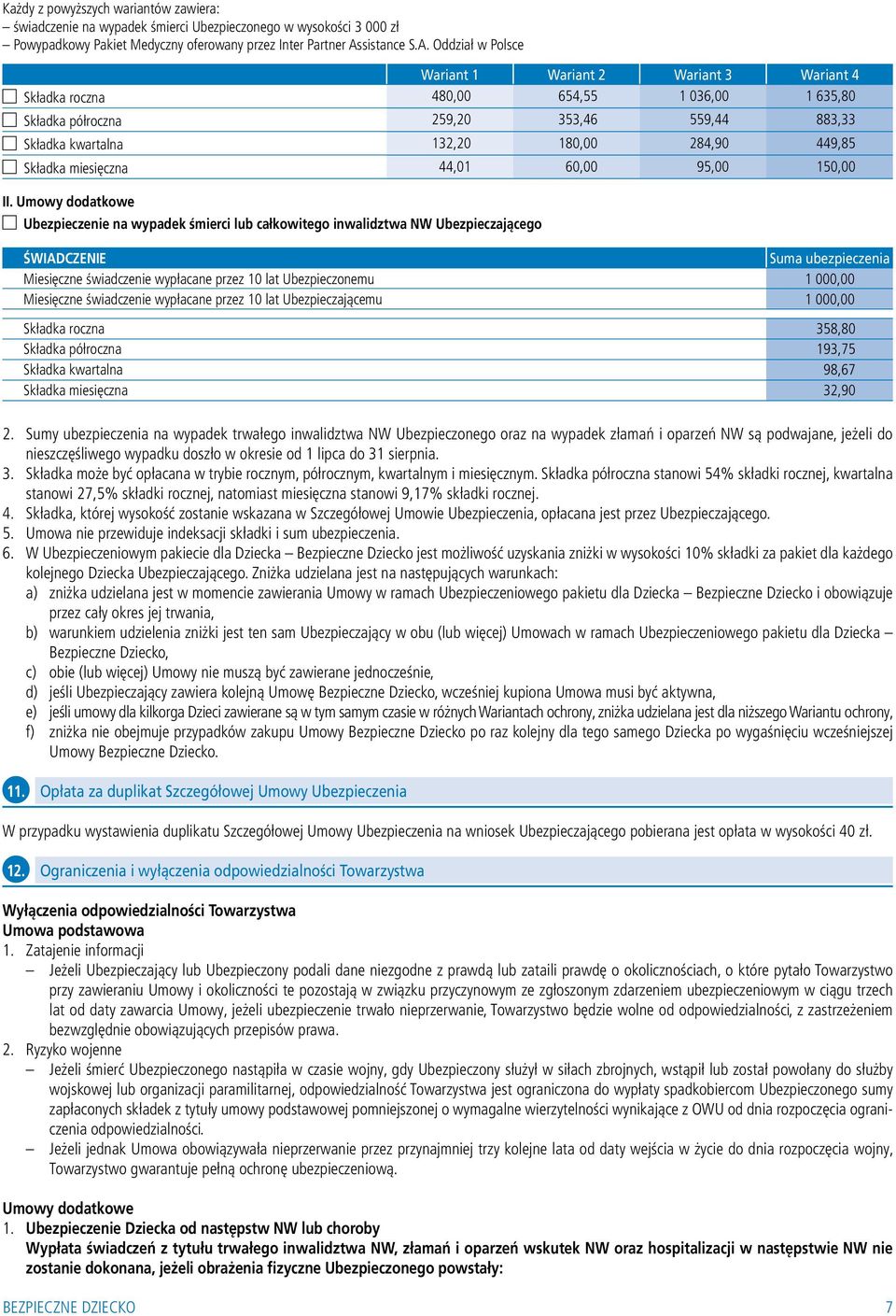 Oddział w Polsce Wariant 1 Wariant 2 Wariant 3 Wariant 4 Składka roczna 480,00 654,55 1 036,00 1 635,80 Składka półroczna 259,20 353,46 559,44 883,33 Składka kwartalna 132,20 180,00 284,90 449,85