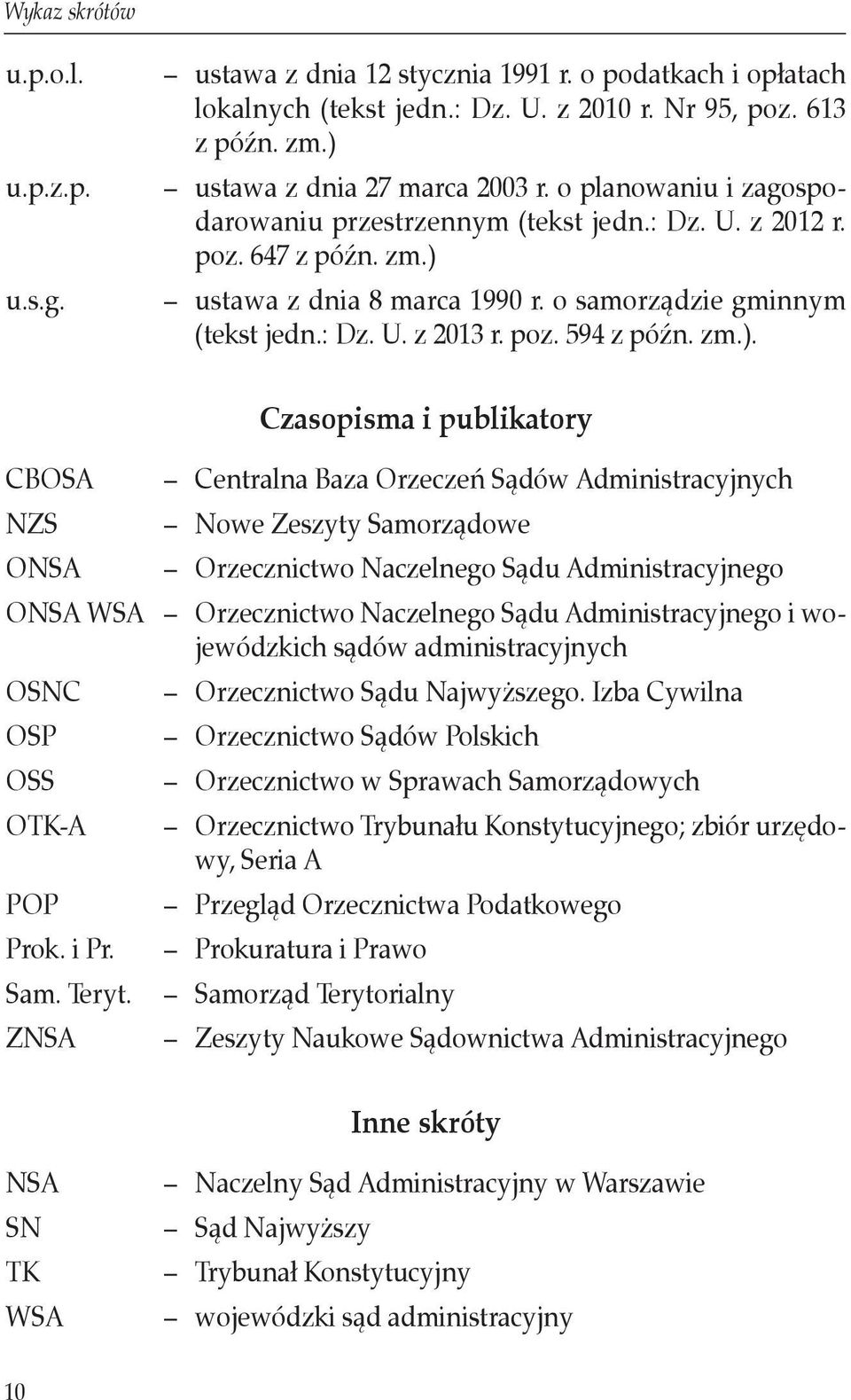 zm.). Czasopisma i publikatory CBOSA NZS ONSA ONSA WSA OSNC OSP OSS OTK-A POP Prok. i Pr. Sam. Teryt.