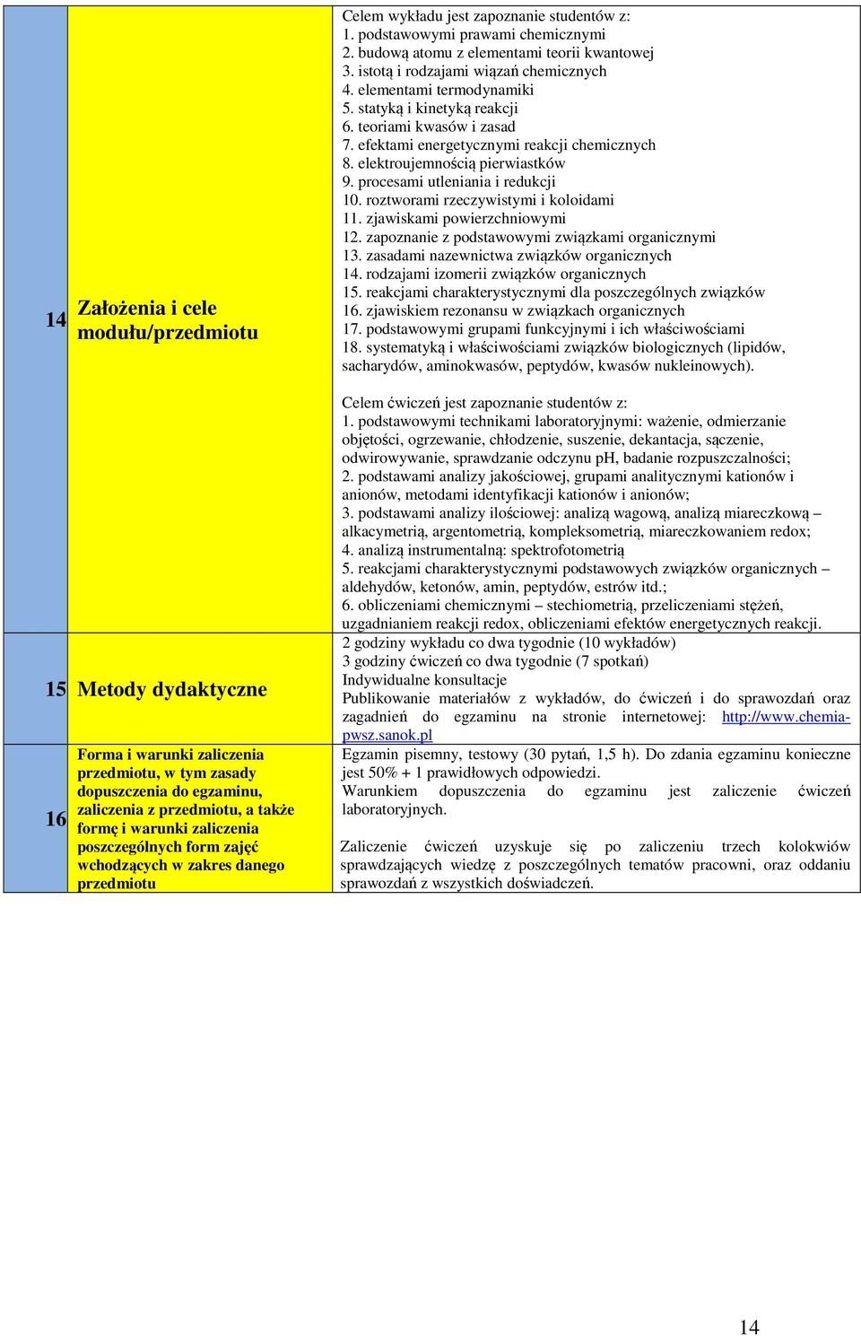 studentów z: 1. podstawowymi prawami chemicznymi 2. budową atomu z elementami teorii kwantowej 3. istotą i rodzajami wiązań chemicznych 4. elementami termodynamiki 5. statyką i kinetyką reakcji 6.