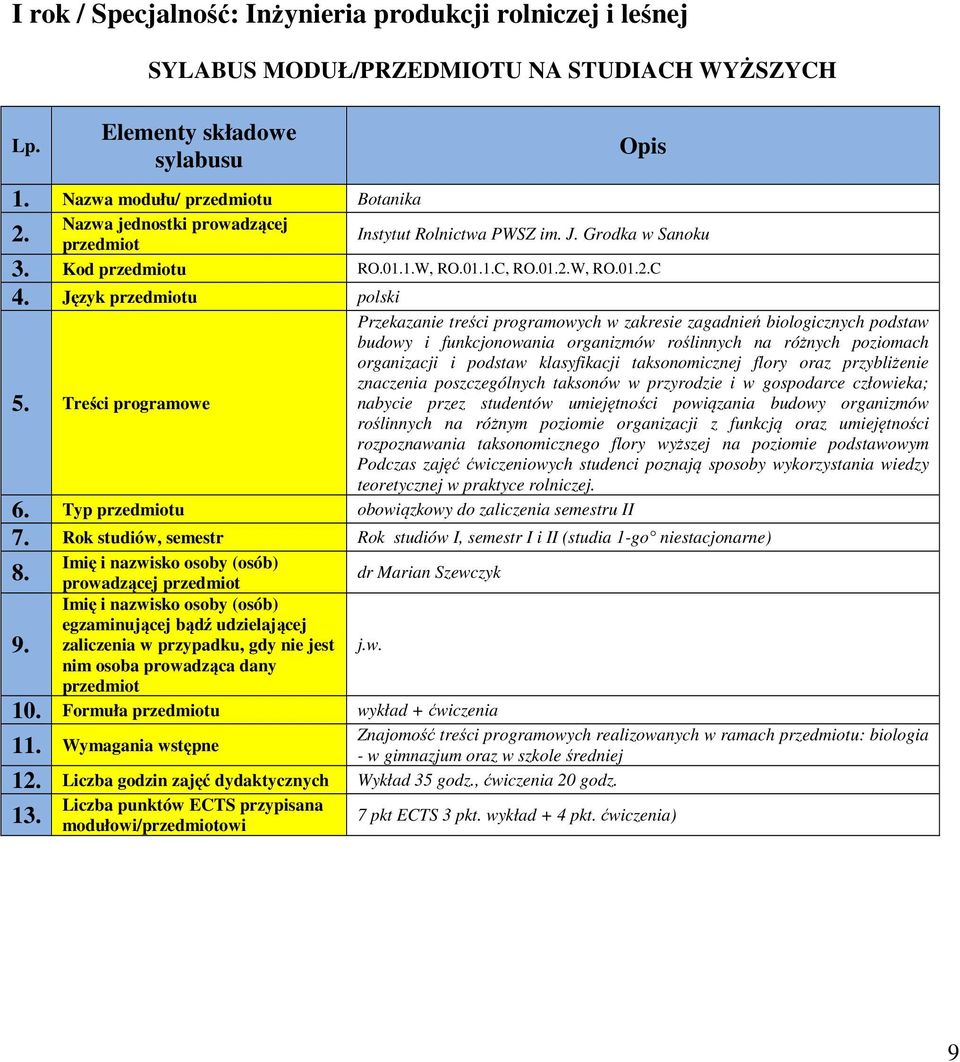 Treści programowe Przekazanie treści programowych w zakresie zagadnień biologicznych podstaw budowy i funkcjonowania organizmów roślinnych na różnych poziomach organizacji i podstaw klasyfikacji