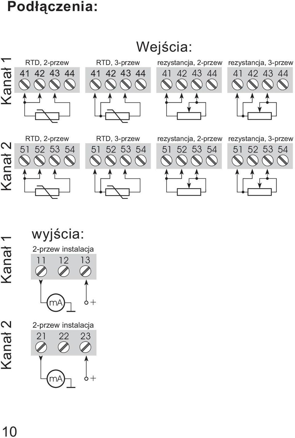 RTD, 3-przew rezystancja, 2-przew 51 52 53 54 51 52 53 54 rezystancja, 3-przew 51 52 53 54